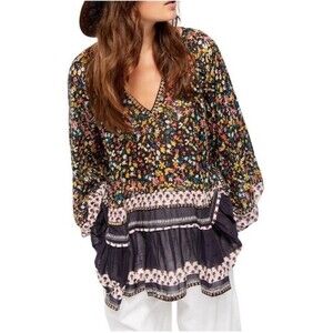 Free People Gardenia Tunic Mixed Printed Metallic Sequin Bohemian Dress Size M